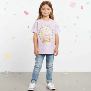 Barbie Trendy All-Over Printed Pink Short Sleeve Tee – For Girls (3–8 Years)